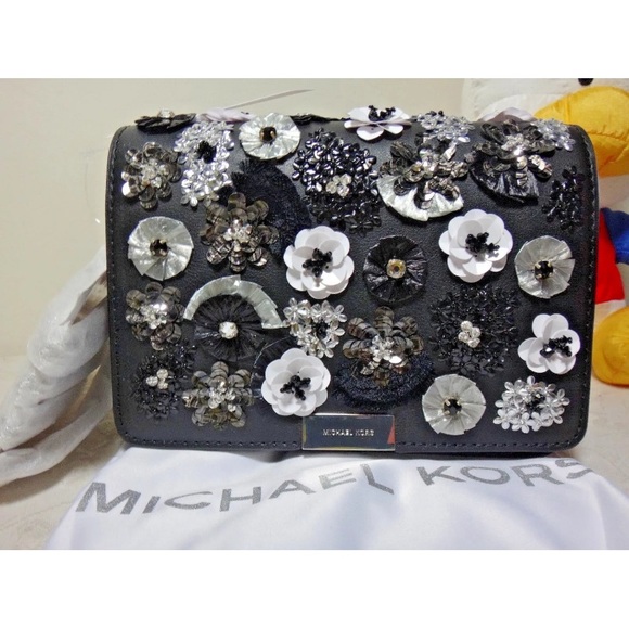 EUC Michael Kors Black Floral Sequins Embellished Leather Jade Crossbody Bag - Picture 1 of 11
